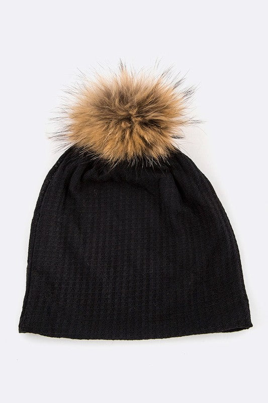 Faux Fur Pom Cotton Slouchy Beanie