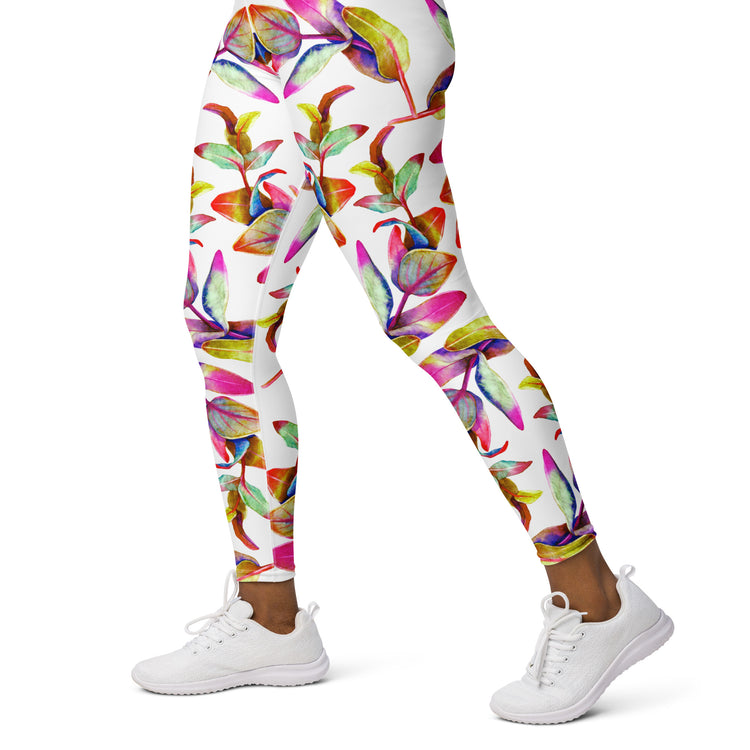 Women's high-waist yoga leggings featuring a vibrant floral print on a white background. Soft, stretchy, and perfect for workouts, yoga, and activewear fashion