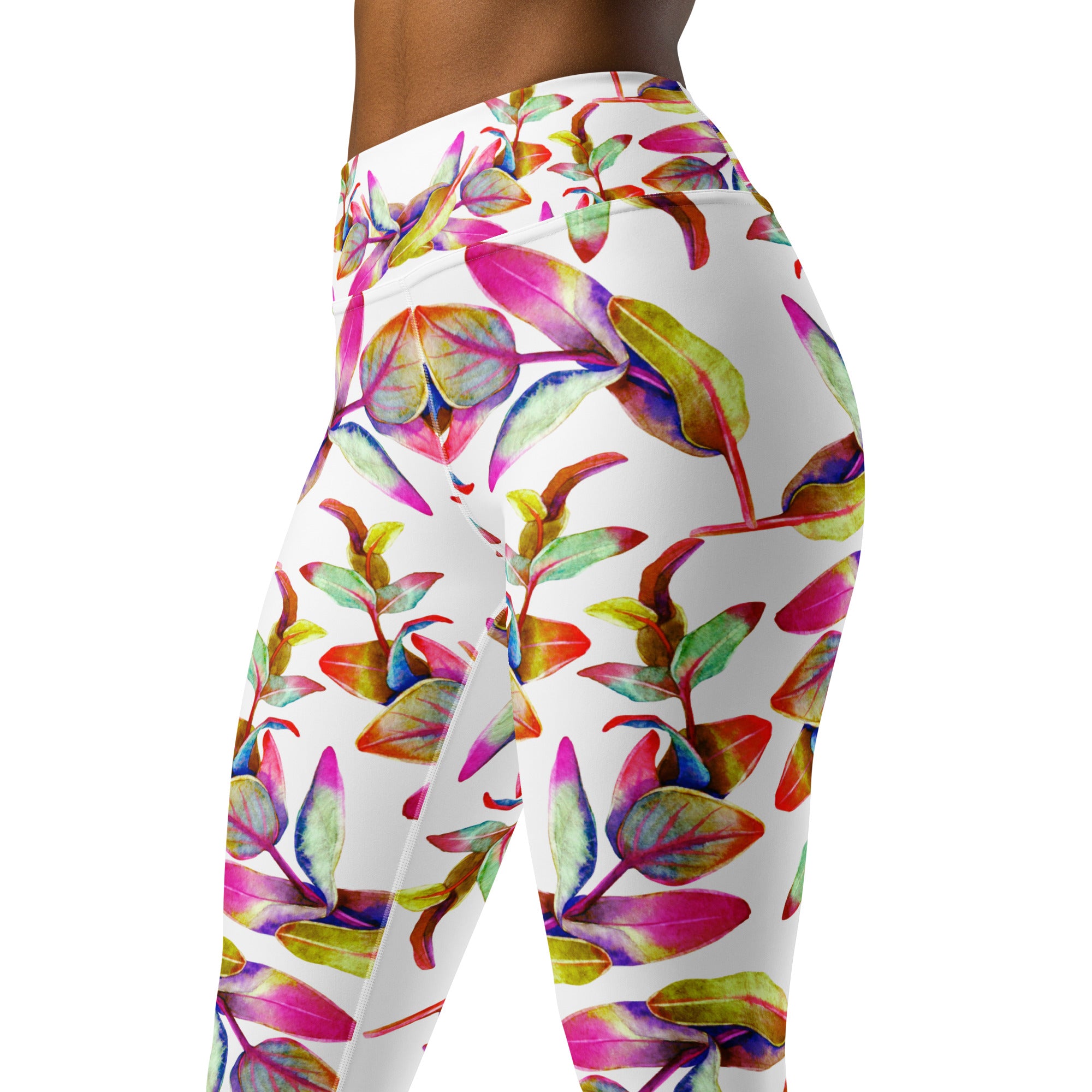 Women's high-waist yoga leggings featuring a vibrant floral print on a white background. Soft, stretchy, and perfect for workouts, yoga, and activewear fashion