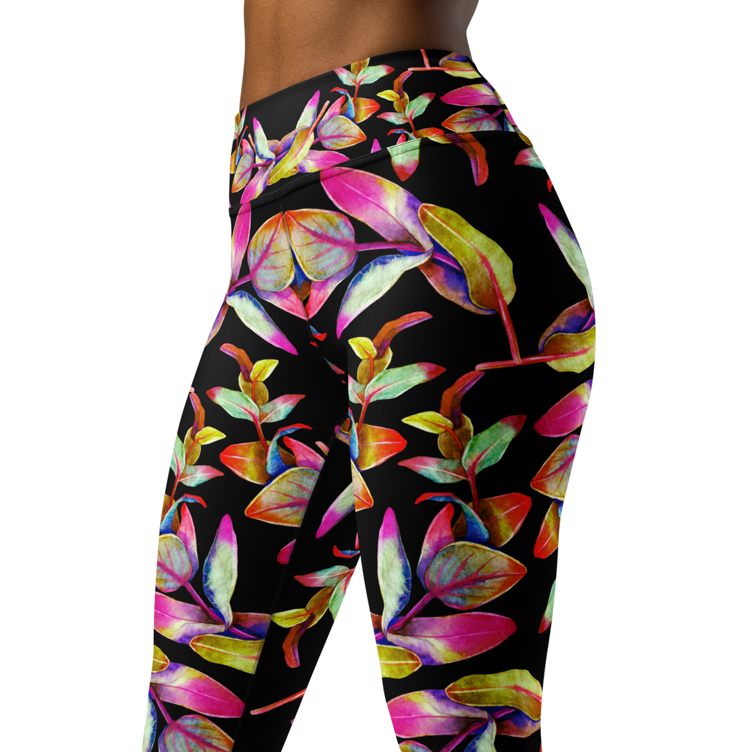 Women's high-waist yoga leggings with a bold and colorful floral print on a black background. Stretchy, moisture-wicking, and perfect for yoga and workouts.