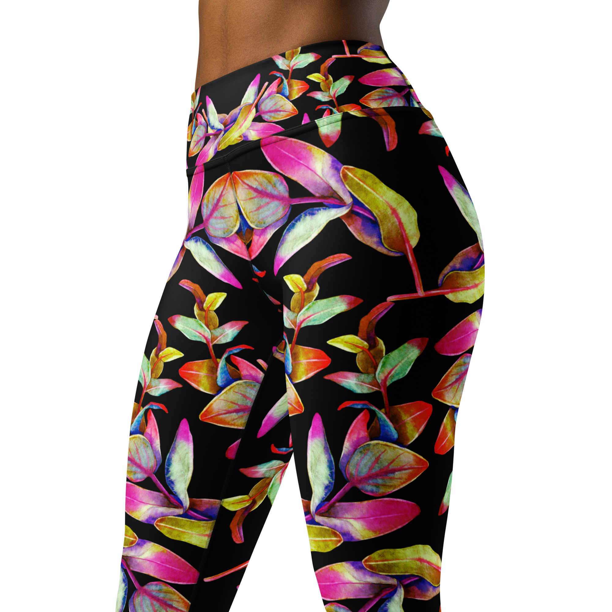 Women's high-waist yoga leggings with a bold and colorful floral print on a black background. Stretchy, moisture-wicking, and perfect for yoga and workouts.