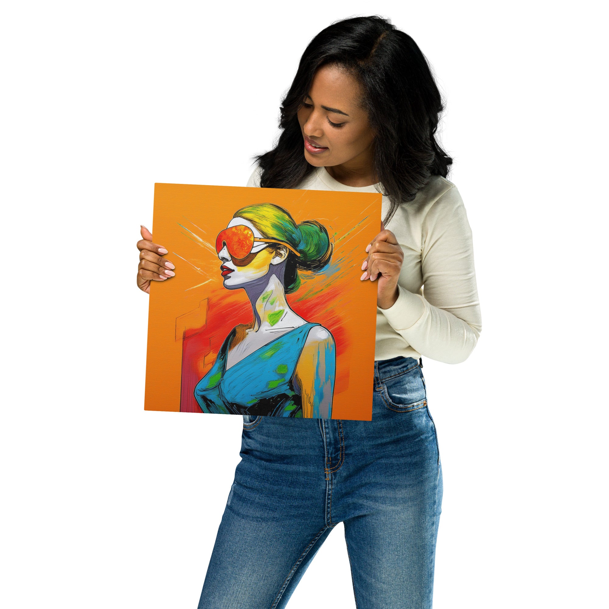 A woman holds product mock up of  an illustration of a fashionably dressed woman. The illustration is printed on a high-quality metal surface that is scratch- and fade-resistant.