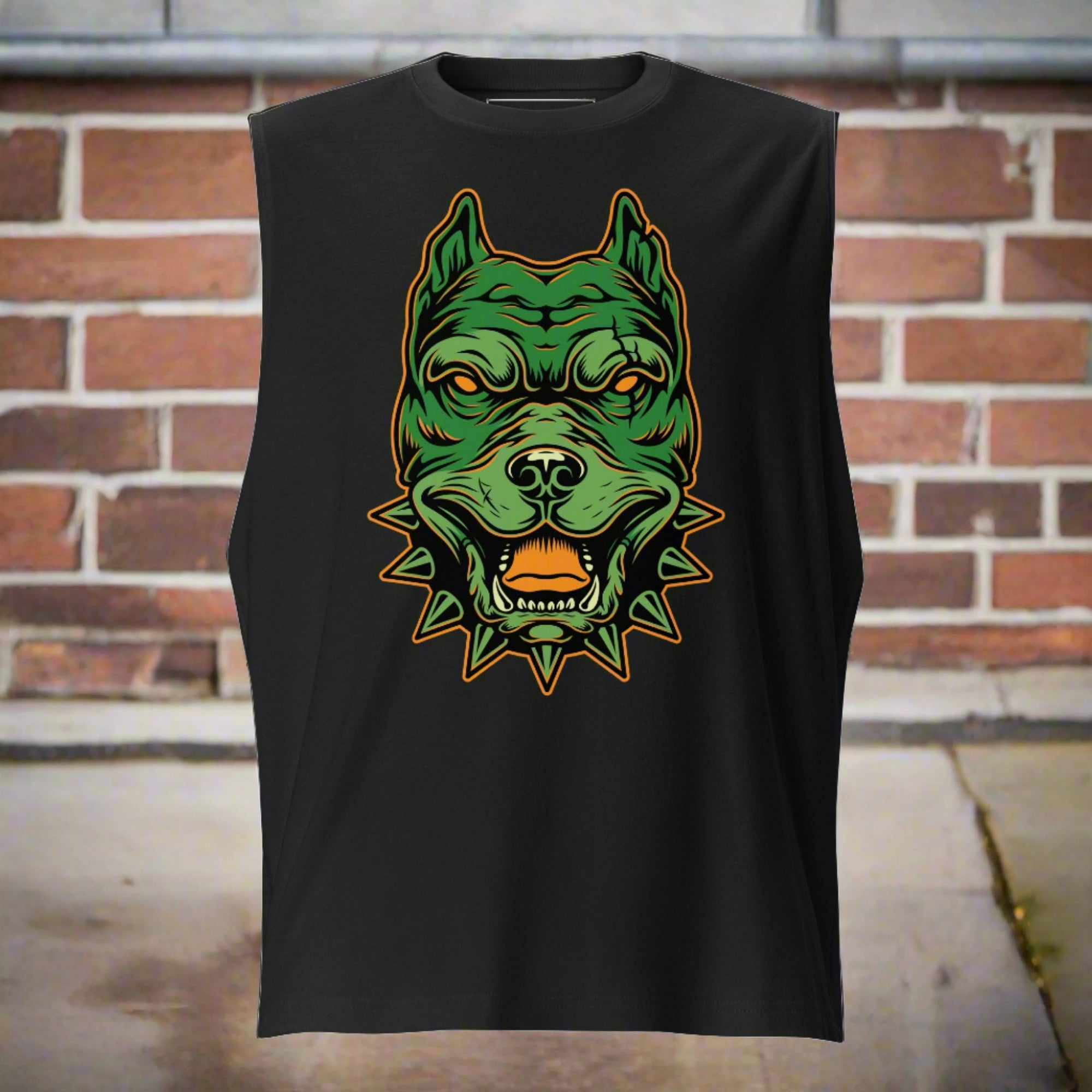 Dog graphic on a black muscle tank 